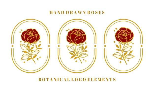 Conjunto de elementos de flor rosa botánica de oro vintage dibujados a mano para marca femenina o logotipo de belleza