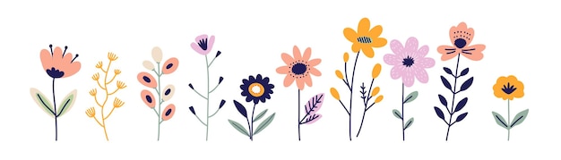 Conjunto de elementos florales dibujados a mano Ilustración vectorial para el diseño de estilo plano