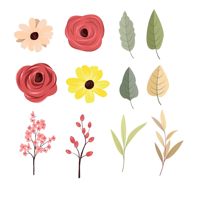 Vector conjunto de elementos florales y foliares