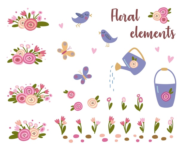 Vector conjunto de elementos florales y suministros de jardín estilo de dibujos animados