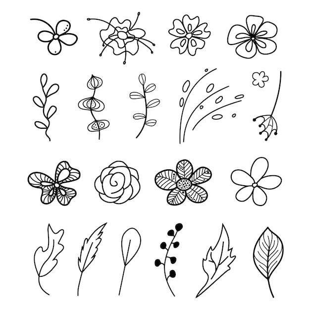 Vector conjunto de elementos florales vectoriales dibujados a mano flores y hojas de diferentes formas