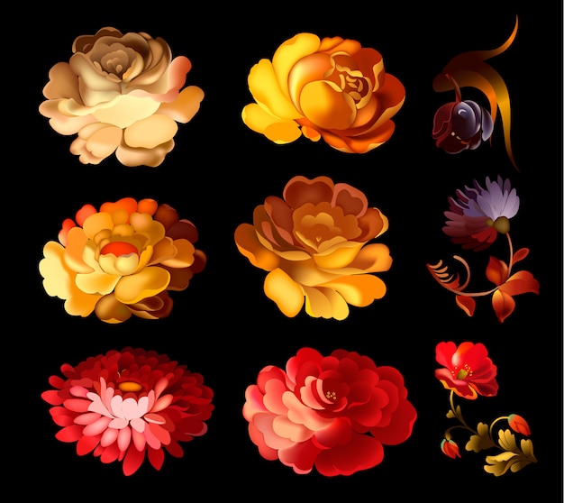 Conjunto de elementos de flores aisladas.