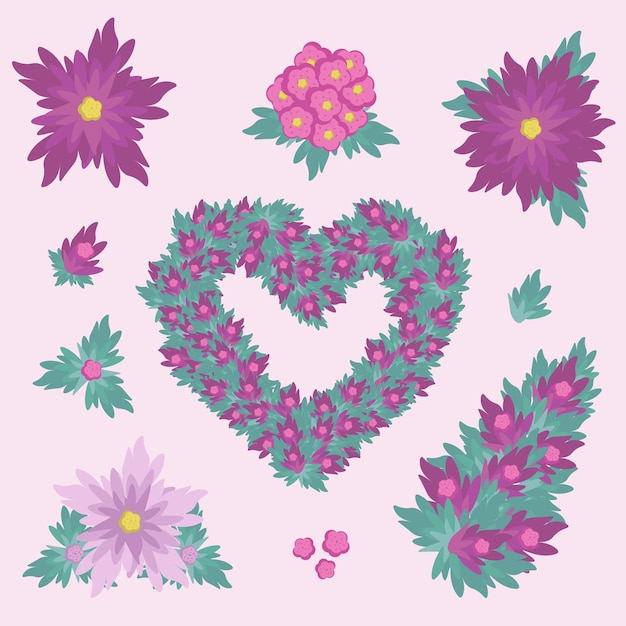 conjunto de elementos flores de crisantemo púrpura