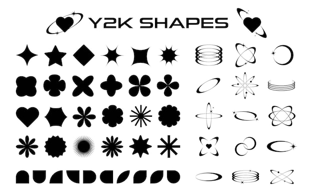 Conjunto de elementos y formas abstractas retro-futuristas Y2K aisladas sobre un fondo blanco