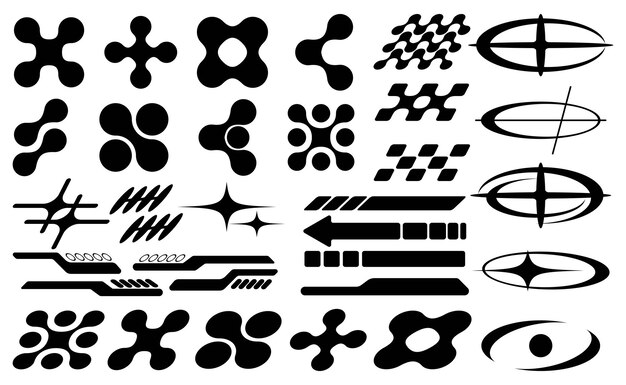 Conjunto de elementos y formas abstractas retro-futuristas Y2K aisladas sobre un fondo blanco