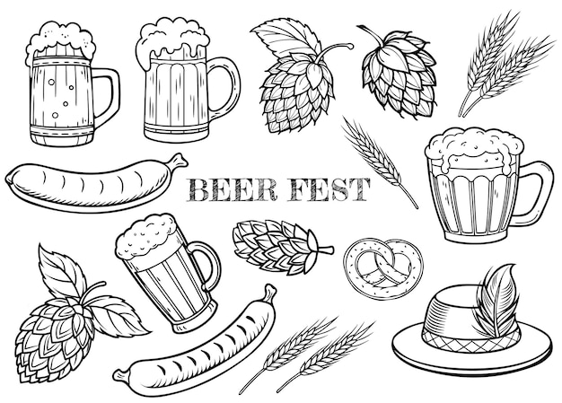 conjunto de elementos de garabateo para la celebración del festival de la cerveza