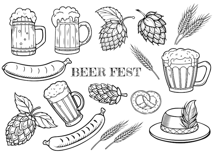 Vector conjunto de elementos de garabateo para la celebración del festival de la cerveza