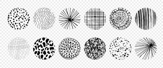 Un conjunto de elementos de garabateo redondos abstractos en un fondo transparente