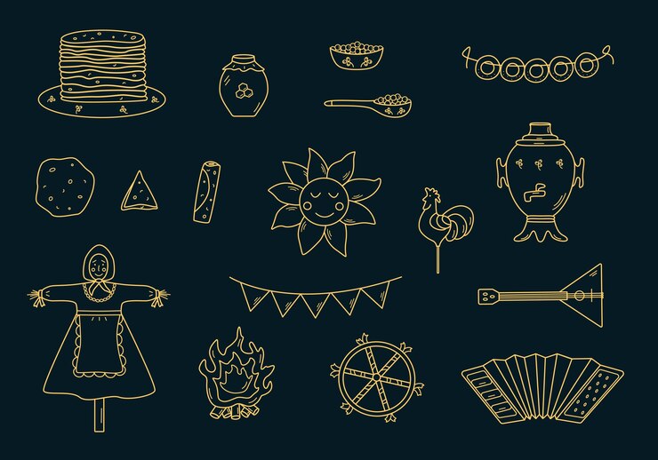 Vector un conjunto de elementos de garabato del día del panqueque ilustración vectorial de iconos de la fiesta tradicional rusa maslenitsa sun espantapájaros acordeón balalaika samovar