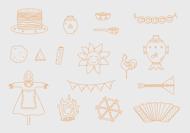 Un conjunto de elementos de garabato del día del panqueque. Ilustración vectorial de iconos de la tradicional fiesta rusa Maslenitsa. Sol, espantapájaros, acordeón balalaika, samovar,