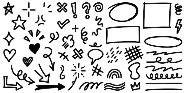 conjunto de elementos de garabato dibujados a mano para el diseño conceptual aislados en la ilustración de vector de fondo blanco