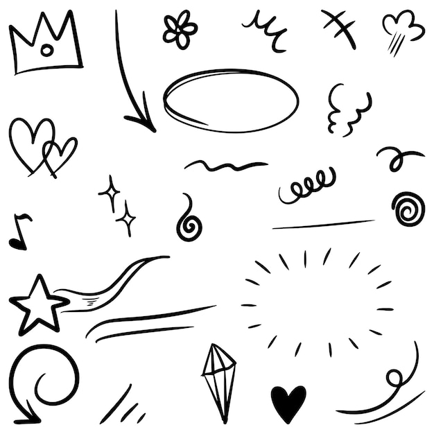 Conjunto de elementos de garabatos dibujados a mano para el diseño de concepto aislado en la ilustración de vector de fondo blanco