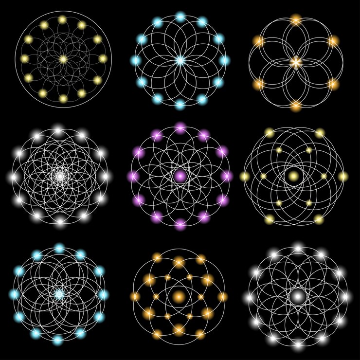 Vector conjunto de elementos geométricos abstractos y formas sobre fondo negro.