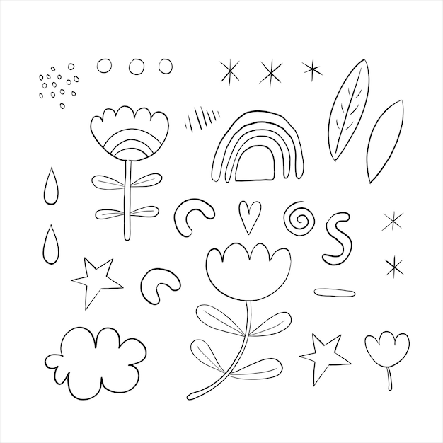 Conjunto de elementos gráficos abstractos dibujados a mano Ilustración vectorial Imitación de pluma de tinta en blanco y negro