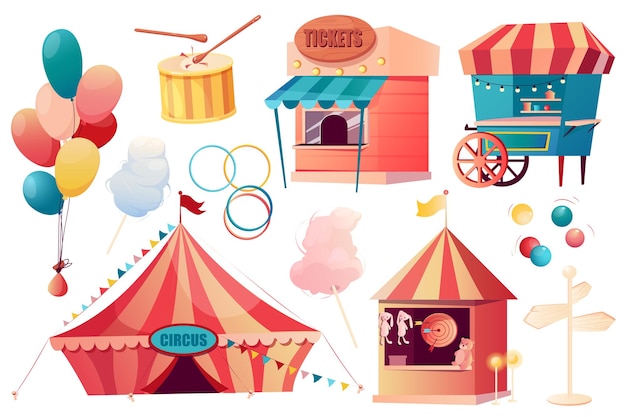 Conjunto de elementos gráficos de circo en diseño plano paquete de puestos con boletos quiosco de comida globos puntero de algodón de azúcar galería de tiro carnaval carpa de circo ilustración vectorial objetos aislados