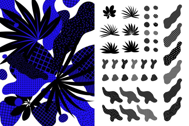 Conjunto de elementos gráficos universales de moda yuxtapuestos con una composición floral brillante y audaz Formas de diseño para la venta de carteles de folletos de revistas