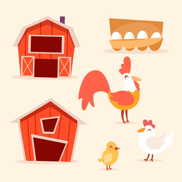 Conjunto de elementos de granja de pollos en estilo de dibujos animados