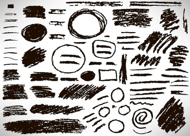 Conjunto de elementos grunge negros dibujados a mano, pancartas, pinceladas aisladas en blanco.