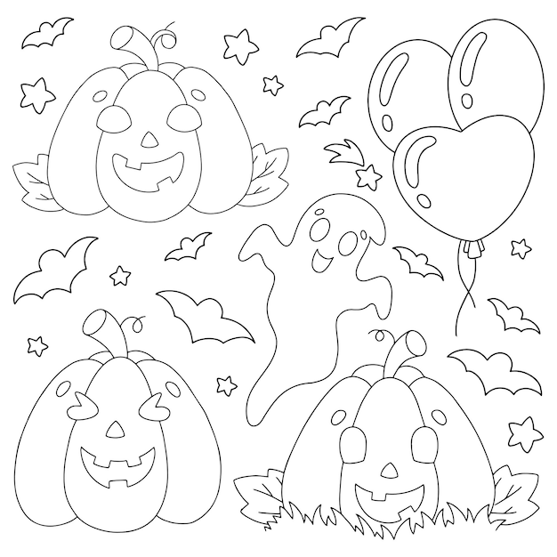 Conjunto de elementos para Halloween calabazas fantasmas murciélagos Página de libro para colorear para niños