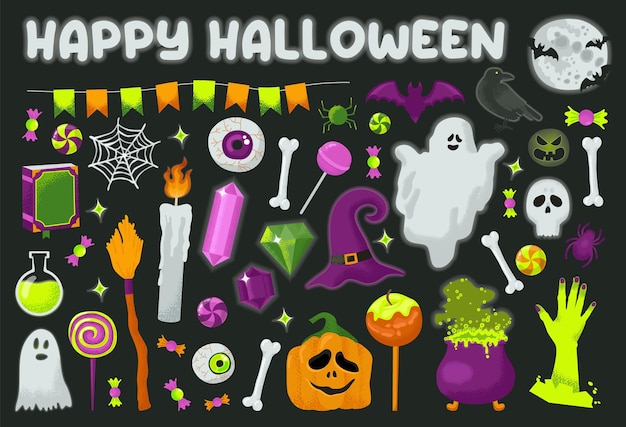 Conjunto de elementos de Halloween Cartel o pegatina de invitación de fiesta de tarjeta de felicitación