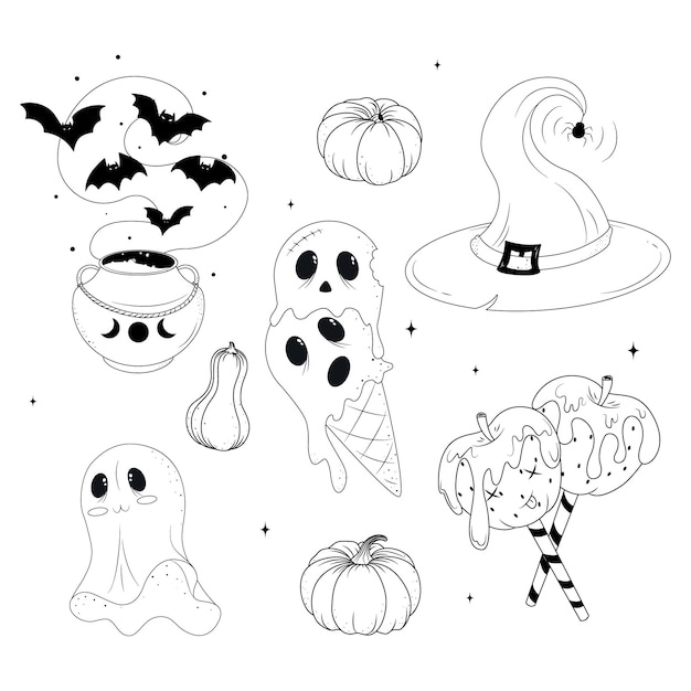 conjunto de elementos de halloween, conjunto para halloween, silueta de una araña, telaraña, calabaza de halloween