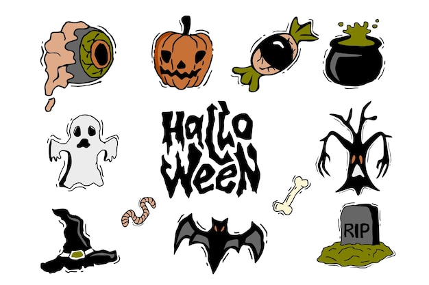 Conjunto de elementos de Halloween dibujados a mano