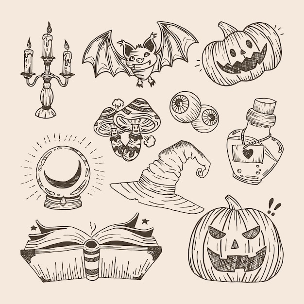 Vector conjunto de elementos de halloween dibujados a mano