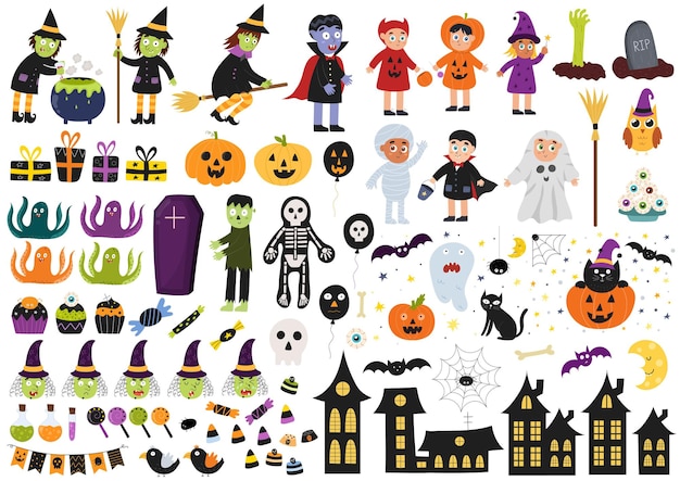 Conjunto de elementos de Halloween Gran colección con niños de brujas en disfraces vampiro zombi