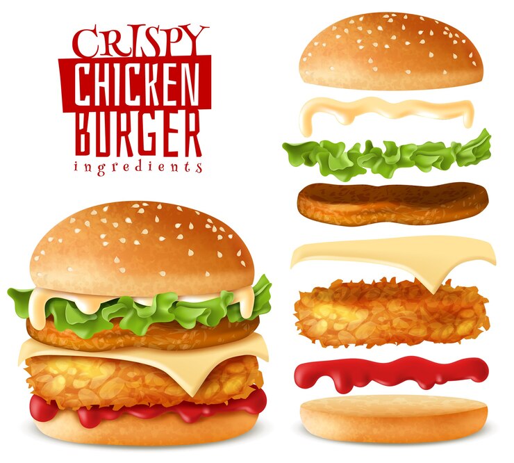 Conjunto de elementos de hamburguesa de pollo crujiente realista