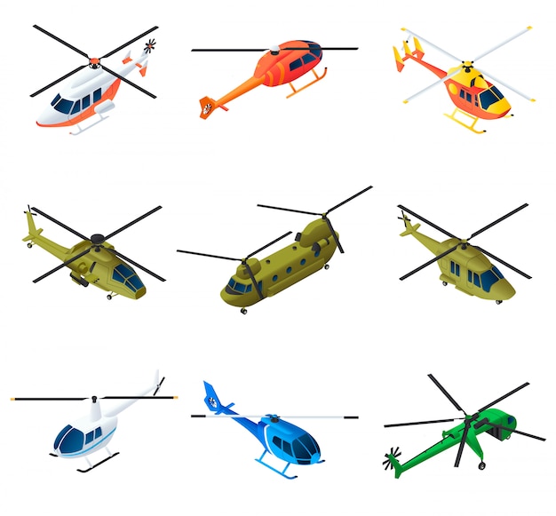 Vector conjunto de elementos de helicóptero, estilo isométrico