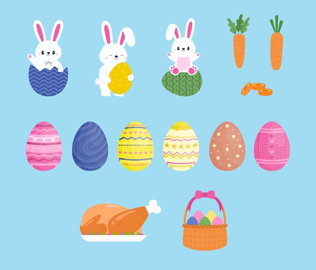 Vector conjunto de elementos de huevo de pascua plano y conejo vectorial