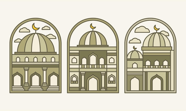 Conjunto de elementos de ilustración de edificio de mezquita plana vintage