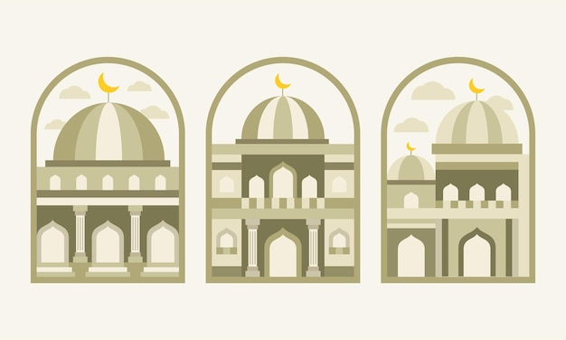 Conjunto de elementos de ilustración de edificio de mezquita plana vintage