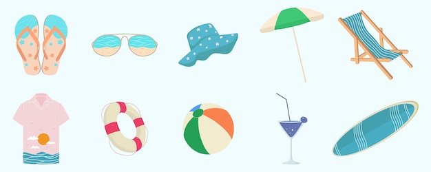 conjunto de elementos ilustrativos para un día de verano en la playa