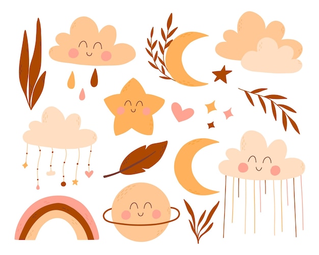 Conjunto de elementos infantiles en estilo boho Ilustración vectorial Colección estrella arco iris nube planeta hojas