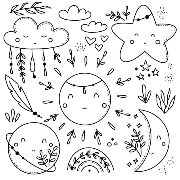 Conjunto de elementos infantiles en estilo boho Ilustración vectorial Colección de estrellas arco iris nubes planetas hojas