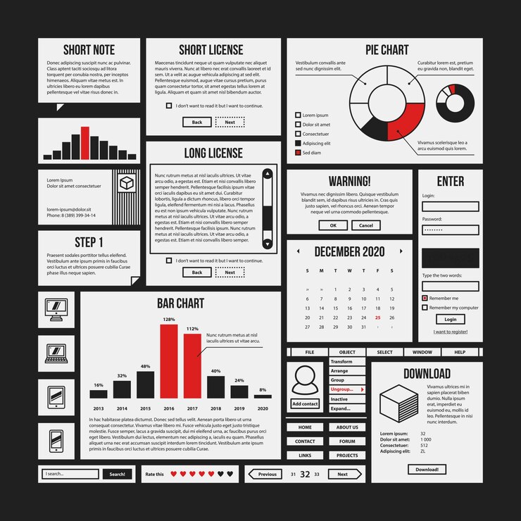 Vector conjunto de elementos de infografía e interfaz en un estilo de contorno simple. útil para los informes anuales y el diseño web.
