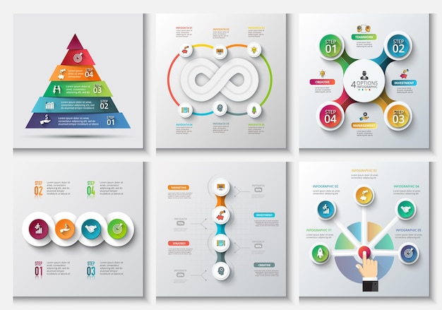 Conjunto de elementos de infografía Pyramid infinity sign timeline y dedo con botón