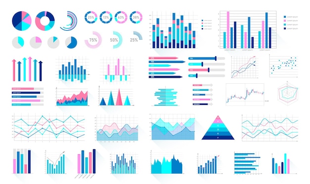 Conjunto de elementos infográficos de negocios Colección de visualización de presentación financiera para informes de análisis y estadísticas Diagrama colorido circular y diagramas de flujo gráficos de barras y líneas ilustración vectorial