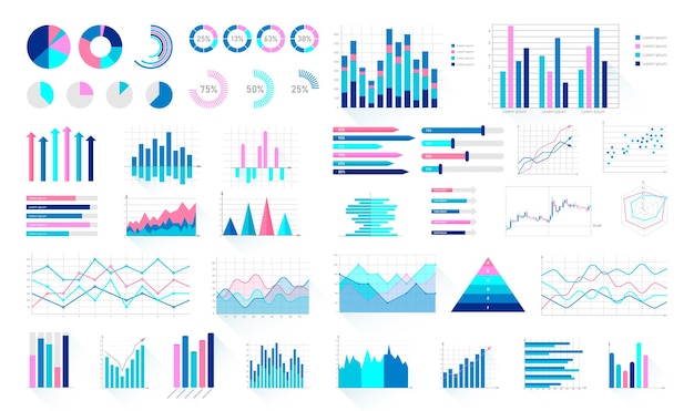 Vector conjunto de elementos infográficos de negocios colección de visualización de presentación financiera para informes de análisis y estadísticas diagrama colorido circular y diagramas de flujo gráficos de barras y líneas ilustración vectorial