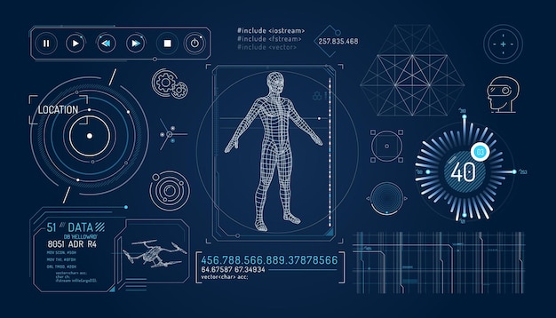 Conjunto de elementos infográficos sobre el control de drones y la realidad aumentada