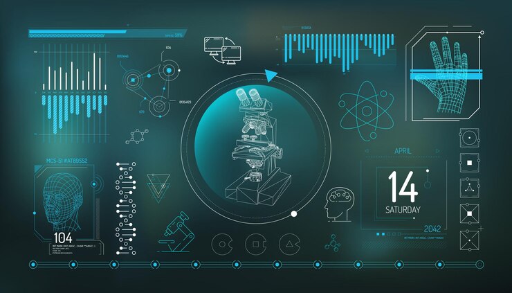Vector conjunto de elementos infográficos sobre microscopía e investigación biomédica.