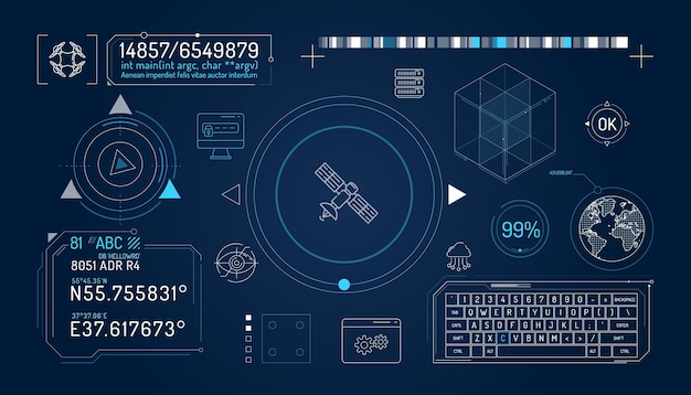 Conjunto de elementos infográficos sobre protección de datos de satélites y cuadricópteros