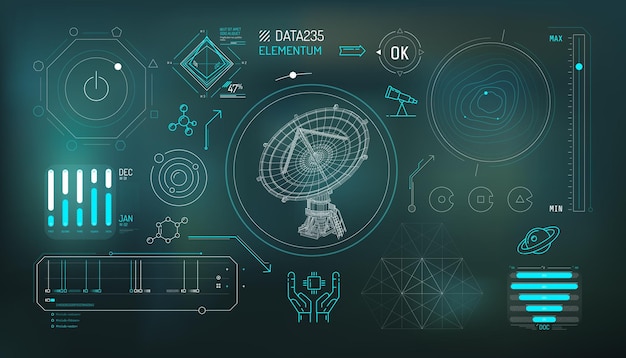 Conjunto de elementos infográficos sobre radioastronomía y observación espacial