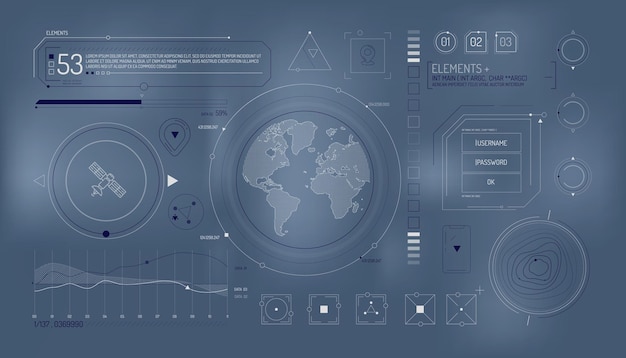 Conjunto de elementos infográficos sobre satélite y entrada de datos.