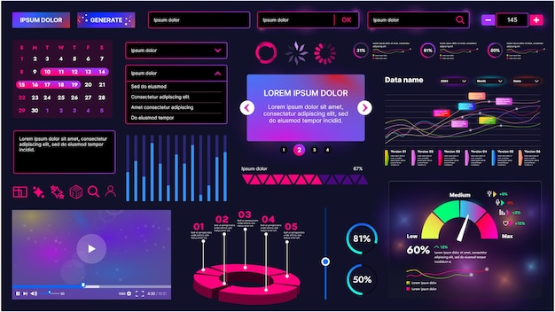 Conjunto de elementos de interfaz de usuario para botones de IA, paneles, deslizadores, iconos y otros componentes Diseño cibernético futurista
