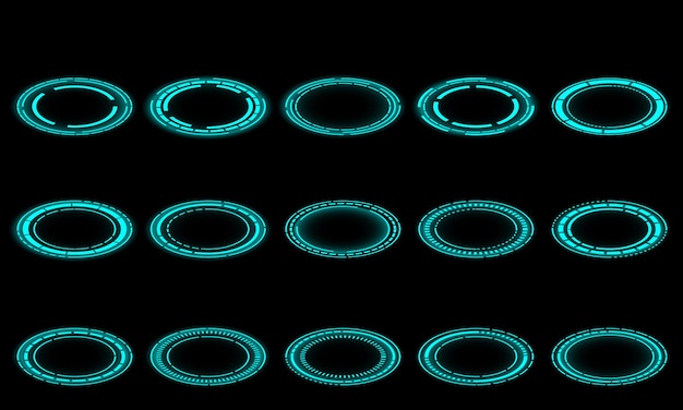Conjunto de elementos de interfaz de usuario de círculo azul de ciencia ficción 3D tecnología vectorial de fondo negro futurista