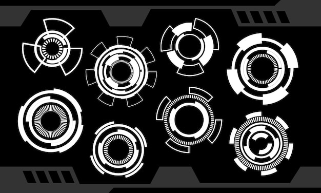 Conjunto de elementos de interfaz de usuario de círculo blanco de HUD tecnología de diseño cibernético en vector futurista negro