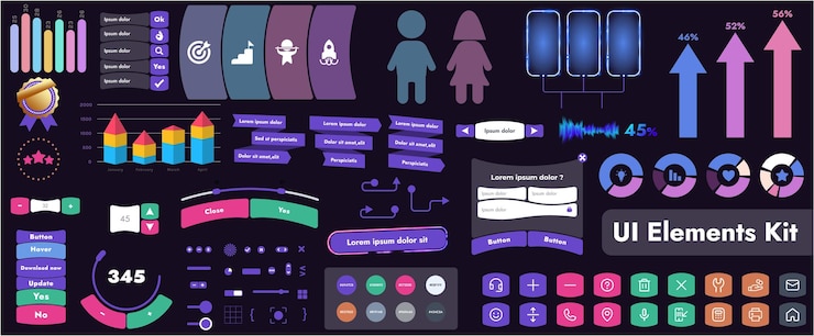 Vector un conjunto de elementos de interfaz de usuario (ui) destinado a su uso en aplicaciones móviles y sitios web. contiene una gran colección de botones de iconos y tiene formas redondeadas de dibujos animados.