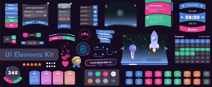 Vector un conjunto de elementos de interfaz de usuario (ui) destinado a su uso en aplicaciones móviles y sitios web. contiene una gran colección de botones de iconos y tiene formas redondeadas de dibujos animados.
